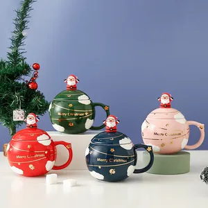 批发压花圣诞元素400毫升陶瓷杯带盖和勺子咖啡杯