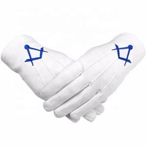 100% White <b>Cotton</b> Masonic Regalia <b>Gloves</b> with Square Compass & G Blue Embroidery <b>Mittens</b> & <b>Gloves</b> - Product Image 1