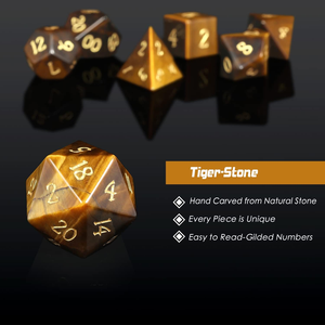 Magnifique ensemble de dés DND en œil de tigre, pierre précieuse naturelle, faits à la main, écologiques, 7 pièces, dés polyédriques, chiffres dorés, Dungeons & Dragons <span class=keywords><strong>RPG</strong></span> - Product Image 5