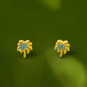 Fashion <b>Stud</b> <b>Earrings</b> 316L Stainless Steel PVD Gold Plating <b>Blue</b> CZ Palm Tree Design - Product Image 3