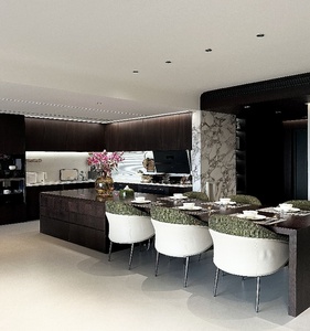 Ensemble d'armoires de cuisine modernes de luxe en bois de noyer avec îlot, meubles de cuisine laqués sur mesure pour projets de villas et d'appartements - Product Image 1