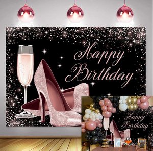Rose Gold Glitter Gelukkige Verjaardag Achtergrond Hoge Hakken Champagne Glas Fotografie Achtergrond Voor Volwassen Vrouwen Verjaardagsfeestje - Product Image 1