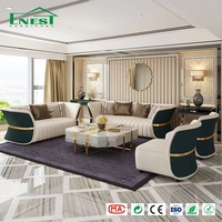Canapé moderne minimaliste en cuir véritable bicolore capitonné avec garniture dorée, service complet de mobilier pour projets de villas