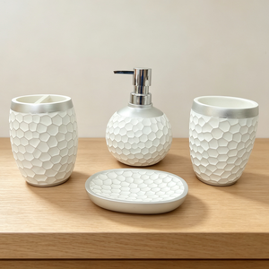 Ensemble d'accessoires de salle de bain blancs en relief nid d'abeille <span class=keywords><strong>3D</strong></span> : distributeur de <span class=keywords><strong>savon</strong></span>, gobelet, <span class=keywords><strong>porte</strong></span>-brosse à dents, <span class=keywords><strong>porte</strong></span>-<span class=keywords><strong>savon</strong></span> pour comptoir de salle de bain - Product Image 2