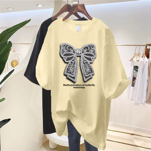 T-<span class=keywords><strong>Shirt</strong></span> Streetwear Ample – Jersey de Coton Doux avec Motif Nœud en <span class=keywords><strong>Dentelle</strong></span>, Conception Épaules Tombantes pour <span class=keywords><strong>Femme</strong></span> Style Urbain - Product Image 6