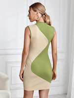 Robe Mini Moulante Bicolore Verte Personnalisable Sans Manches Col Montant Panneau Courbé Tricot Côtelé Tenue de Soirée Décontractée Été