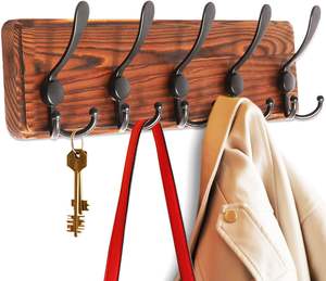 Perchero para abrigos, soporte para sombreros de madera para ganchos de pared, tablón de madera real de pino 16,9, ganchos para abrigos blancos viejos, montaje en pared <span class=keywords><strong>con</strong></span> 5 ganchos - Product Image 1