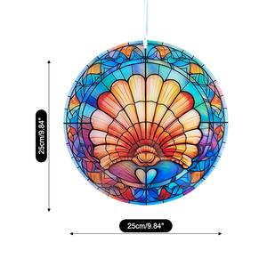 Atrapasueños Redondo de Vidrio Teñido con Diseño Art Deco de Concha Marina, 16 cm, Decoración Colgante con Cinta - Product Image 5