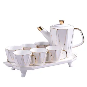 豪华8件套陶瓷咖啡茶具黄金装饰陶瓷茶壶和茶杯套装