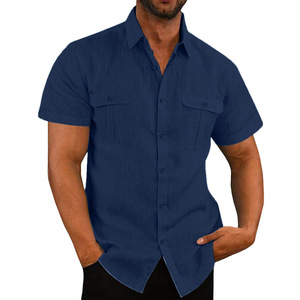 Camicia da <span class=keywords><strong>uomo</strong></span> Casual in <span class=keywords><strong>lino</strong></span> estivo tinta unita colletto transfrontaliero <span class=keywords><strong>abito</strong></span> in maglia per la primavera/estate personalizzabile all'ingrosso per la <span class=keywords><strong>spiaggia</strong></span> - Product Image 1