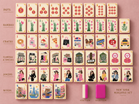 Ensemble de mahjong américain New York Street Lady, 160 tuiles gravées et colorées avec des dos rose vif, coffret cadeau de luxe