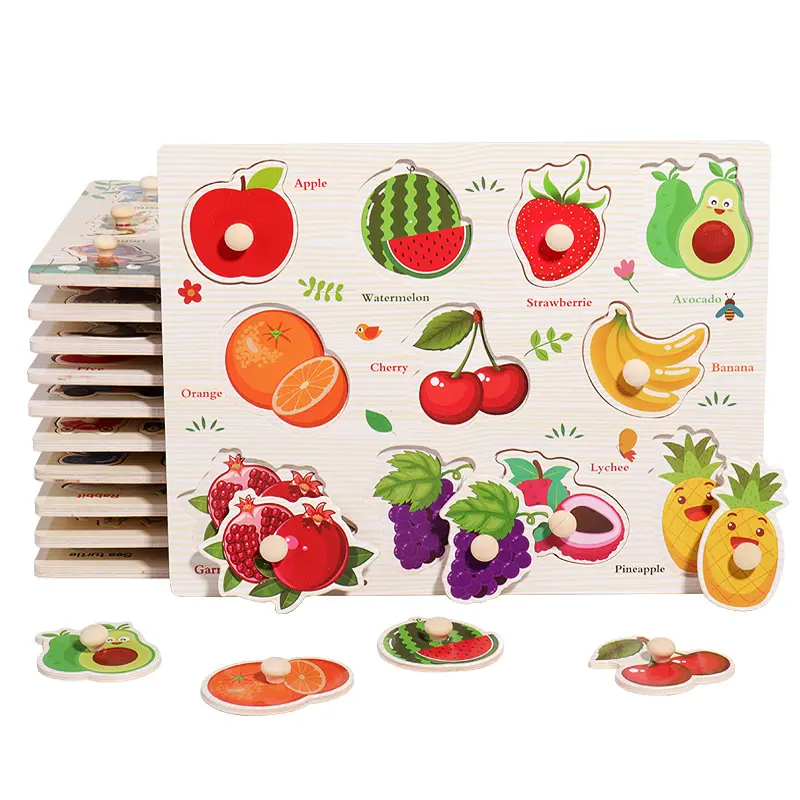 Puzzle en bois 3d Grab Board Éducation de la petite enfance Animaux Légumes Fruits Forme Cognition Puzzle assorti Jouets