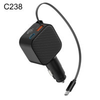 Chargeur de voiture rétractable 30W double port et câble Type-C intégré de 0,65 m pour charge rapide de téléphones et tablettes (vente en gros)