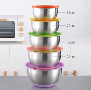 Ensemble de bols à mélanger en acier inoxydable poli européen, bols à salade avec fond en silicone, couvercle anti-poussière, non toxique, durable, bols de service alimentaire - Product Image 2