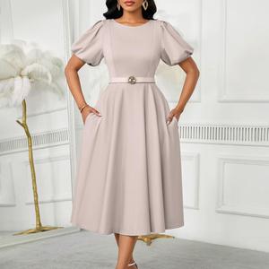 Vestido de Verano para Mujer, Elegante, con Mangas Abullonadas, Cintura Alta, Cuello Redondo, Falda Larga - Product Image 3