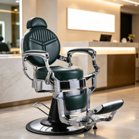 Fauteuil de barbier robuste vert, dossier rond avec surpiqûres géométriques, accoudoirs cantilever chromés et base noire.