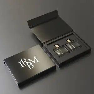 Embalagem de presente de papel cosmético para perfume com logotipo personalizado preto luxuoso 30ML 50ML garrafa magnética