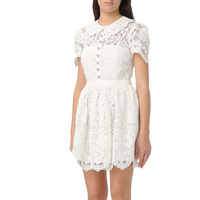 Printemps Été Cou Cravate Robes en dentelle florale Mini robe en dentelle ornée de blanc