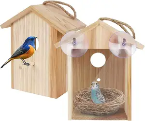 Casa de Nido de Pájaro con ventana con ventosa fuerte transparente y cordón para casa de pájaros de madera exterior al aire libre