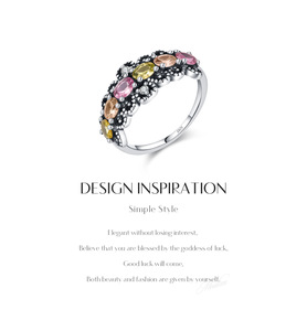 S925 Silver Vintage Cluster <b>Ring</b> With Pink Yellow <b>Crystal</b> Rhinestones Pave Setting Women's Everyday Wear - Product Image 6