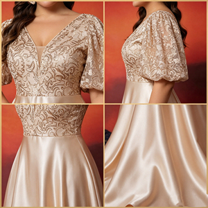 Abito da <span class=keywords><strong>sera</strong></span> di lusso in raso color champagne, taglie forti da donna, modello A-line con maniche a sbuffo, ricamato, lungo, per la <span class=keywords><strong>madre</strong></span> della sposa - Product Image 3