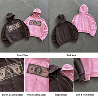 OEM Pembe Fermuarlı Kapüşonlu Erkek Sweatshirt Yüksek Kalite Sokak Giyim Tarzı Düşük Omuz Cepli Yıkanmış Vintage Grafik Baskılı Özel Tasarım Kıyafetler