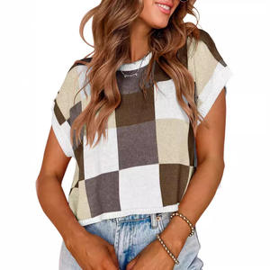 2024 printemps été casquette haut court manches couleur bloc col rond tricoté damier pull court - Product Image 4