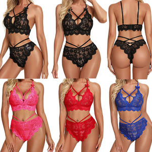 Conjunto de Lencería Sexy de Dos Piezas Estilo Europeo y Americano, Color Combinado, Encaje, Ropa Interior Seductora para Mujer - Product Image 1