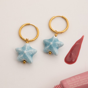 Starfish Pendant Earrings Blue Ceramic Gold Hoop Women's Everyday Wear - Product Image 2
