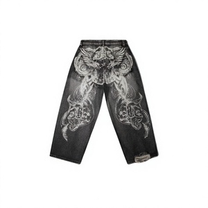 Pantalon en jean taille haute à jambe large, effet usé, avec imprimé ailes au dos, style streetwear, ourlet déchiré, en coton, pour l'automne - Product Image 2