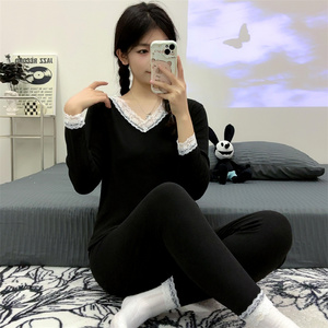 Su misura di alta qualità invernale caldo pigiama nuovo stile con scollo a V con chiusura elastica in vita a tinta unita indumento intimo caldo - Product Image 1