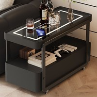 Italienischer Moderner Minimalistischer Beistelltisch mit Glasplatte Beweglicher Kleiner Holztrolley Kabellose Ladebuchse Couchtisch Wohnzimmer