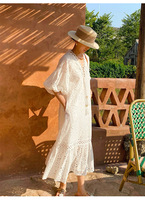 Printemps et été Robe de plage à broderie française pour femmes avec manches bulle Robe blanche