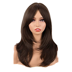 Perruque brune de 20 pouces avec petite <span class=keywords><strong>frange</strong></span> longue couche <span class=keywords><strong>cheveux</strong></span> droits en fibre synthétique longueur d'épaule - Product Image 1