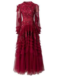 Gaun Malam Ukuran Besar 2024 Musim Gugur Musim Dingin Pesta Prom Wanita Gaun Maxi Lengan Panjang Berpayet Jala Renda Patchwork Festival 3XL - Product Image 6