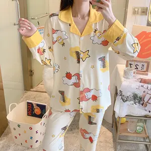 Conjunto feminino de pijamas, conjunto feminino casual coreano com duas peças, manga comprida, leite, seda