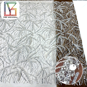 Tissu de dentelle africaine brodé floral de luxe en <span class=keywords><strong>tulle</strong></span> avec perles et sequins pour mariage africain - Product Image 6