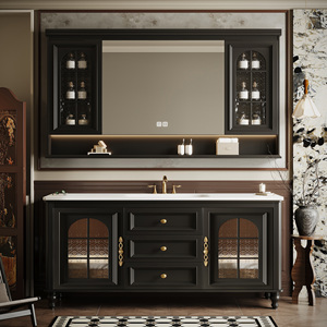 French Retro Style <strong>Bathroom</strong> Vanity with Single/Double Sink - Solid Wood <strong>Freestanding</strong> <strong>Bathroom</strong> Vanity Cabinet LED Defog <strong>Mirror</strong> - Product Image 2