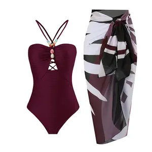Two-Piece Halter Top High Waist Solid Colour Monokini Covered Up Colourful Long Dress Swimwear Decoration Round Beads Swimsuit