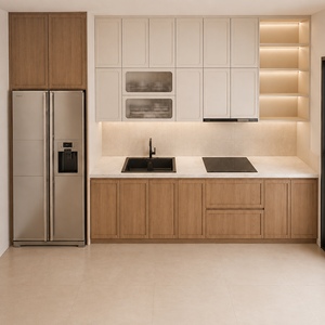 VCCUCINE-WOSR003 Armoire de <span class=keywords><strong>cuisine</strong></span> encastrée minimaliste en mélamine à grain de bois chêne chaud <span class=keywords><strong>et</strong></span> blanc crème, style Shaker, Foshan - Product Image 2