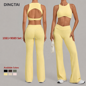 Conjunto de yoga de 2 piezas transpirable de talla grande para <span class=keywords><strong>mujer</strong></span> Dingtai: leggings acampanados de cintura alta cruzada con control de abdomen y efecto fruncido, sin costuras, para <span class=keywords><strong>deporte</strong></span>. - Product Image 1