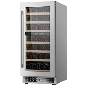 Cave à vin domestique intégrée en bois de hêtre avec étagères, capacité 33 bouteilles, classe G d'efficacité énergétique, refroidisseur à compresseur en acier inoxydable - Product Image 1