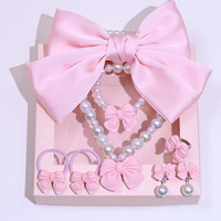 Set de Joyería de Perlas con Lazo de Satén para Niñas, Regalo de Princesa, Pinza Grande para el Cabello, Coletero, Collar de Perlas, Pulsera, Pendientes, Anillo, Accesorio para Niñas Pequeñas