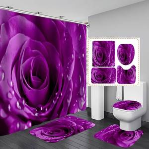 CF 4 pièces personnalisé Rose fleurs salle de bain <span class=keywords><strong>mousse</strong></span> à mémoire de forme tapis de bain imperméable Polyester tissu rideau de <span class=keywords><strong>douche</strong></span> ensemble pour salle de bain - Product Image 4