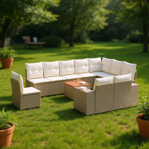 Conjunto de Sofás de Jardín Beige, Muebles de Ratán para Exteriores con Cojines de Espuma de Alta Densidad, Diseño Contemporáneo, Resistente al Agua y a los Rayos UV - Product Image 2