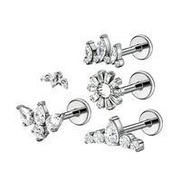 Labret sans filetage en titane ASTM F136 plaqué or 18K PVD, bijoux de piercing pour lèvre, boucles d'oreilles, clous d'oreille tragus en zircon