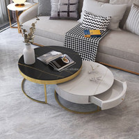 Ensemble de tables basses gigognes modernes de haute qualité en acier inoxydable pour salon, avec tiroir de rangement en bois, table centrale ronde pour le thé