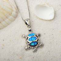 Collier pendentif tortue marine pour femme, en alliage de cuivre plaqué argent, opale de feu bleue incrustée, design tendance, cadeau |   Côtier
