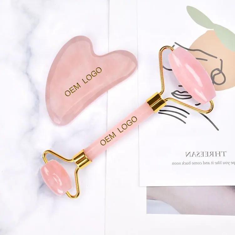 Chất lượng cao mặt massager Rose Quartz gua SHA Set màu hồng ngọc lăn với hộp đóng gói cổ con lăn massage công cụ tùy chỉnh