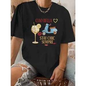 Atmungsaktives, lässiges CIAO BELLA STAY CHIC <span class=keywords><strong>SEMPRE</strong></span> T-Shirt für Damen mit Musterdruck, weich, bequem, normaler O-Ausschnitt, kurze Ärmel - Product Image 2